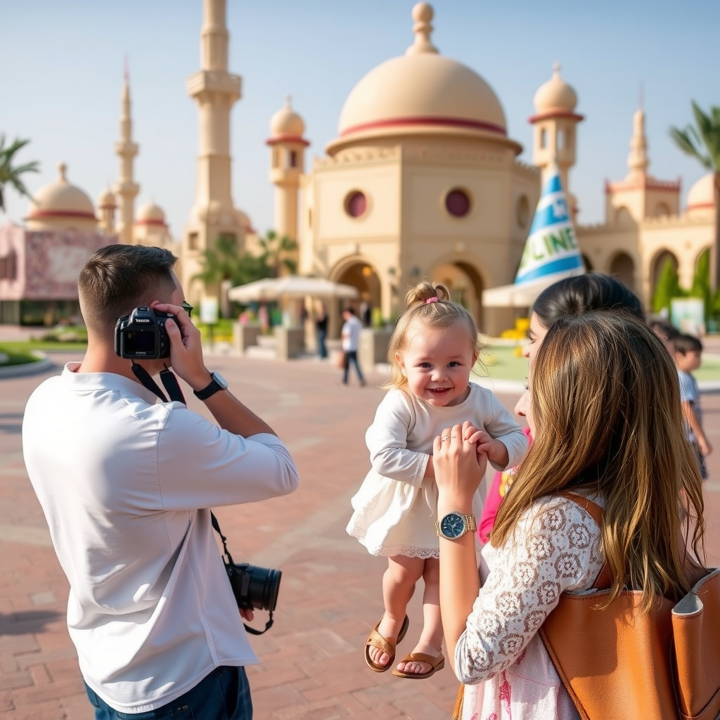 Professional photographers capturing family memories at various Dubai Parks attractions and landmarks